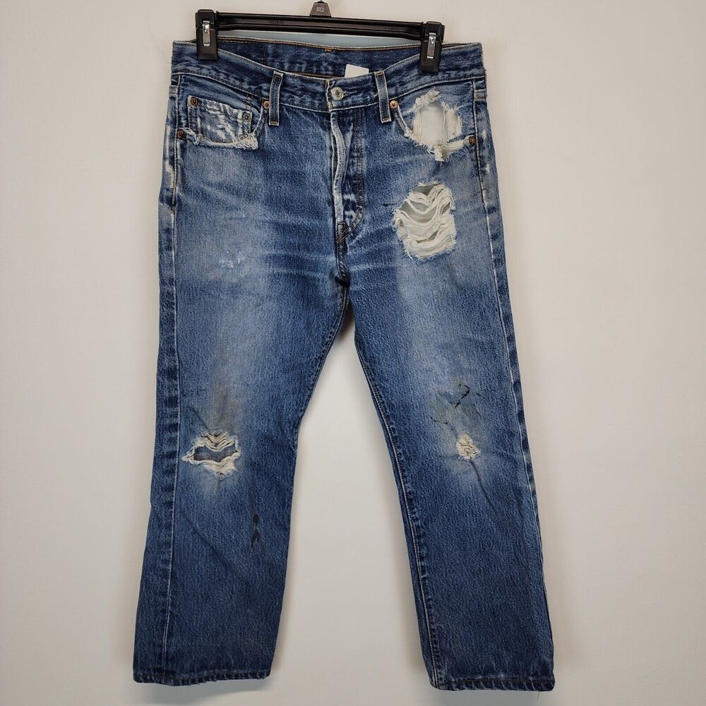 Levis 501-0115 Mens Denim Jeans 30x24 Blue Altered Destoyed Punk Grunge Vtg 80s